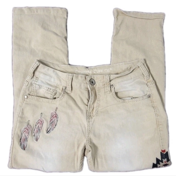 Cowgirl Tuff Tan Denim Capri Feather Arrow, Size 27 - Picture 1 of 8